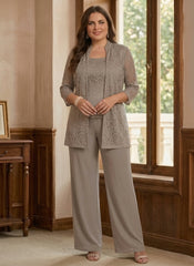 3 Pieces Suit Scoop Chiffon Plus Size Mother of the Bride Pantsuits with Jacket 3/4 Sleeves Lace Ankle-Length
