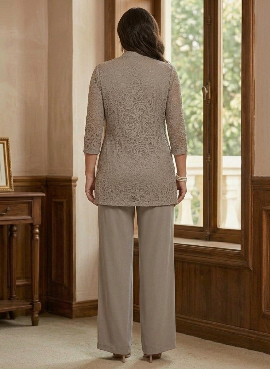 3 Pieces Suit Scoop Chiffon Plus Size Mother of the Bride Pantsuits with Jacket 3/4 Sleeves Lace Ankle-Length