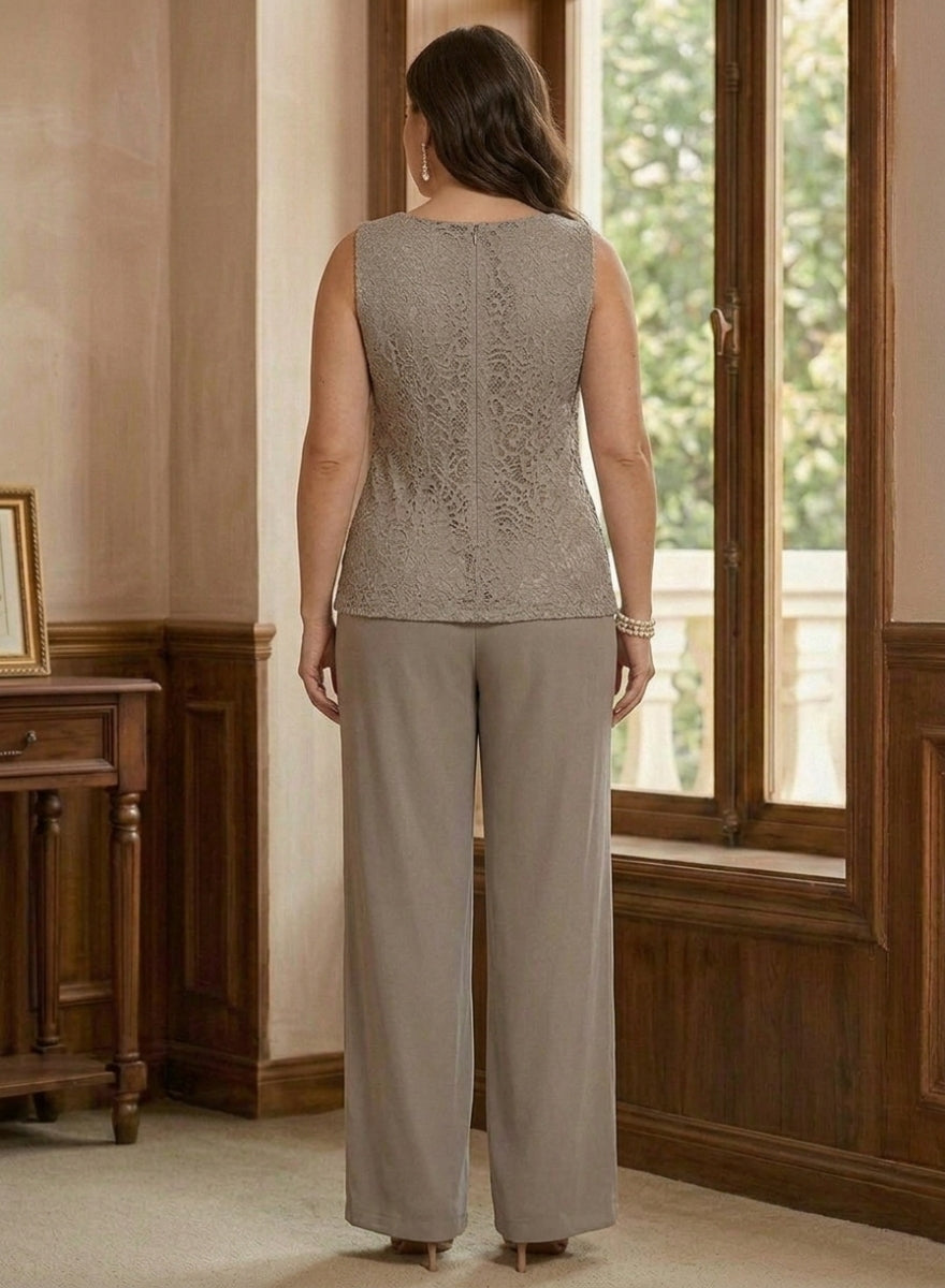 3 Pieces Suit Scoop Chiffon Plus Size Mother of the Bride Pantsuits with Jacket 3/4 Sleeves Lace Ankle-Length