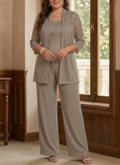 3 Pieces Suit Scoop Chiffon Plus Size Mother of the Bride Pantsuits with Jacket 3/4 Sleeves Lace Ankle-Length