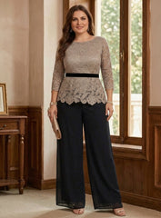 2 Piece Scoop Chiffon Plus Size Mother of the Bride Pantsuits Lace 3/4 Sleeves Ankle-Length Belt