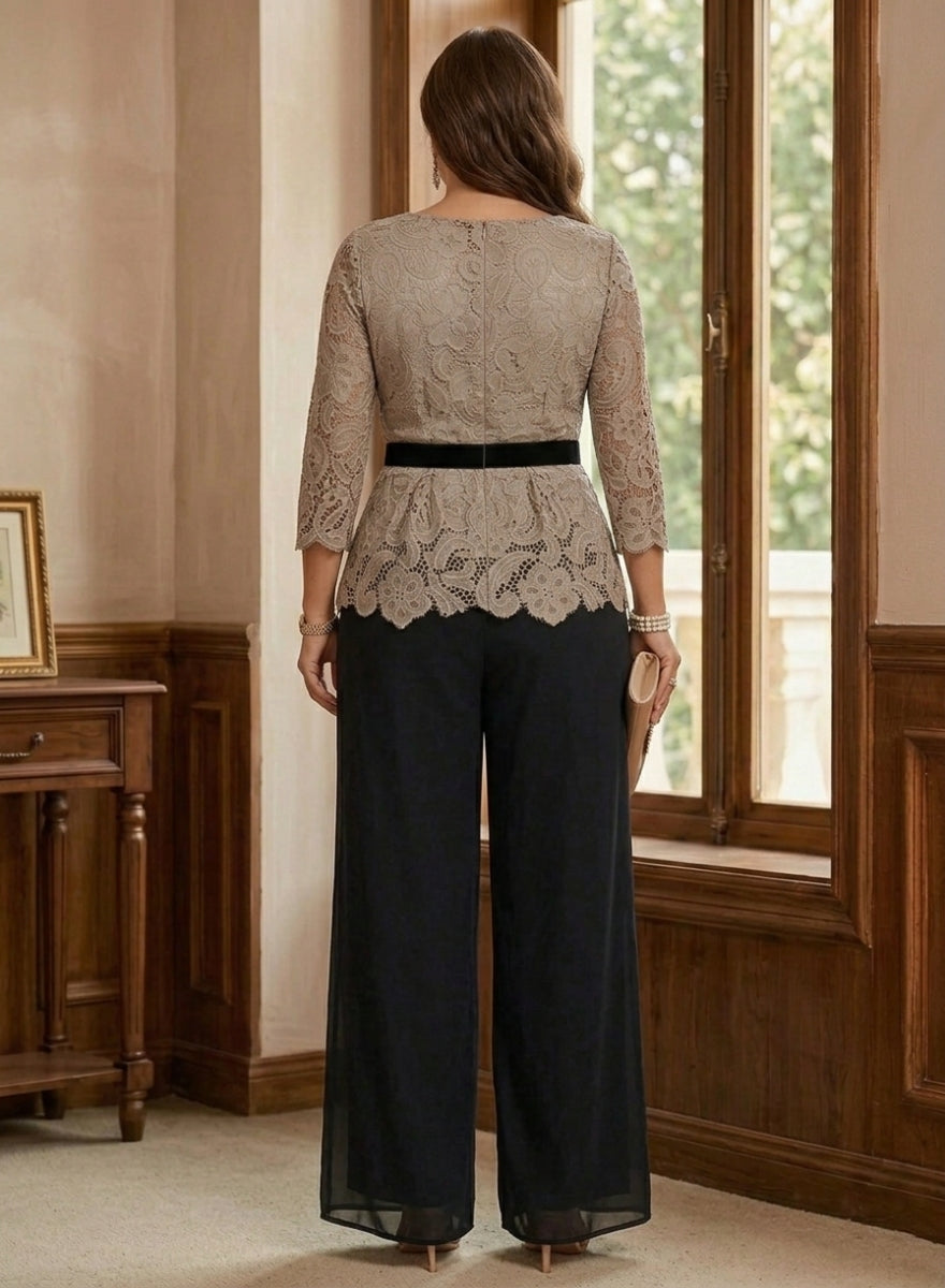 2 Piece Scoop Chiffon Plus Size Mother of the Bride Pantsuits Lace 3/4 Sleeves Ankle-Length Belt