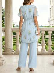 2 Pieces Suit V-Neck Chiffon Mother of the Bride Pantsuits Short Sleeves Floral Ankle-Length