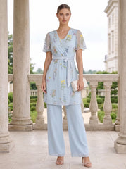 2 Pieces Suit V-Neck Chiffon Mother of the Bride Pantsuits Short Sleeves Floral Ankle-Length