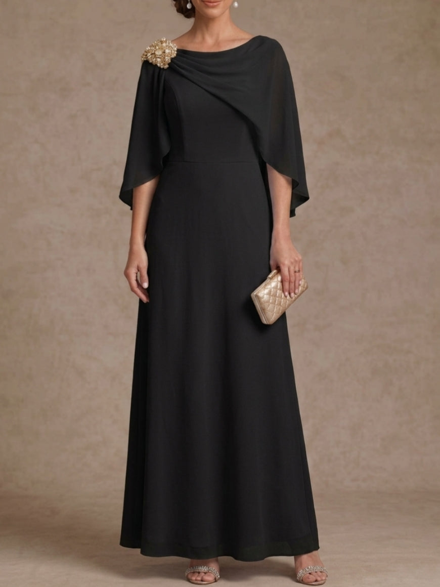 A-Line/Princess Boat Neck Chiffon Mother of the Bride Dresses Cape Sleeves Ankle-Length Rhinestone