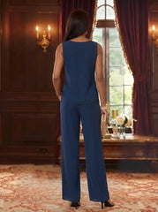 3 Pieces Suit Scoop Chiffon Mother of the Bride Pantsuits with Jacket Floral 3/4 Sleeves Ankle-Length