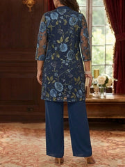 3 Pieces Suit Scoop Chiffon Plus Size Mother of the Bride Pantsuits with Jacket Floral 3/4 Sleeves Ankle-Length