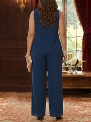 3 Pieces Suit Scoop Chiffon Plus Size Mother of the Bride Pantsuits with Jacket Floral 3/4 Sleeves Ankle-Length