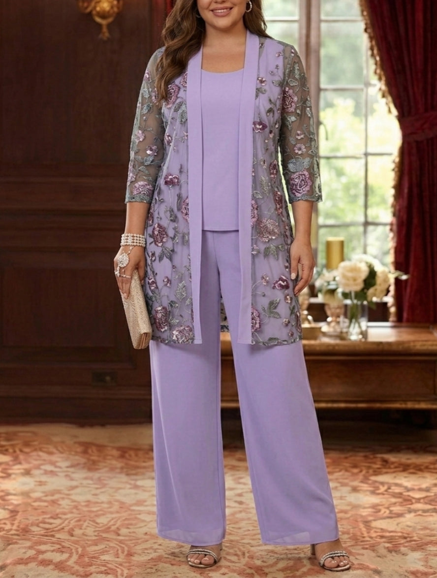 3 Pieces Suit Scoop Chiffon Plus Size Mother of the Bride Pantsuits with Jacket Floral 3/4 Sleeves Ankle-Length