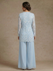 3 Pieces Chiffon Scoop Mother of the Bride Pantsuits with Jacket Lace Floral Ankle-Length Long Sleeves