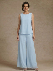 3 Pieces Chiffon Scoop Mother of the Bride Pantsuits with Jacket Lace Floral Ankle-Length Long Sleeves