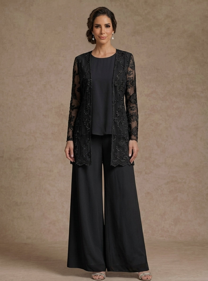 3 Pieces Chiffon Scoop Mother of the Bride Pantsuits with Jacket Lace Floral Ankle-Length Long Sleeves