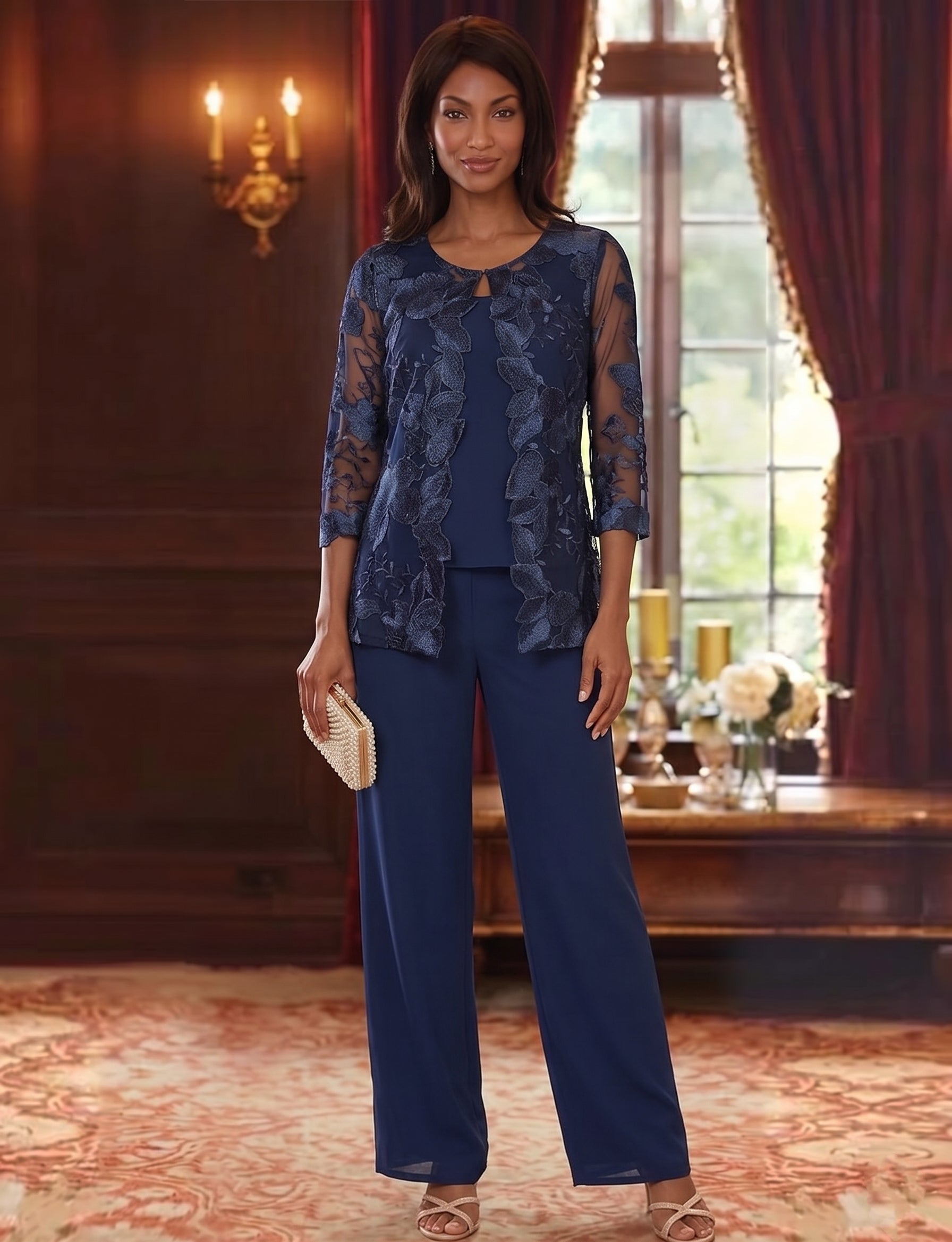 3 Pieces Chiffon Scoop Mother of the Bride Pantsuits with Lace Floral Jacket Ankle-Length 3/4 Sleeves