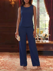 3 Pieces Chiffon Scoop Mother of the Bride Pantsuits with Lace Floral Jacket Ankle-Length 3/4 Sleeves