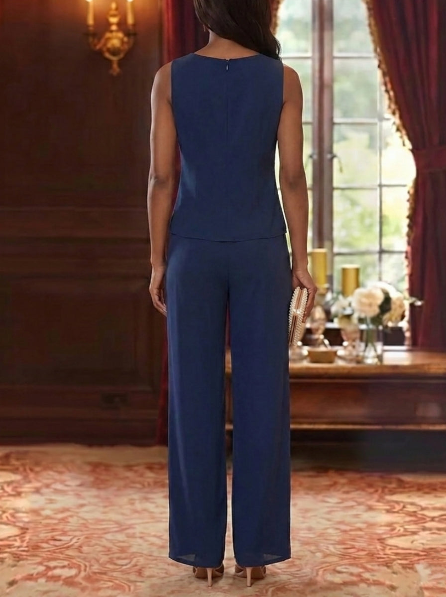 3 Pieces Chiffon Scoop Mother of the Bride Pantsuits with Lace Floral Jacket Ankle-Length 3/4 Sleeves