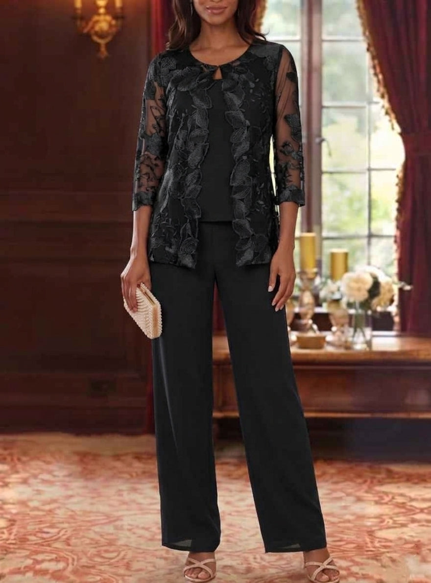 3 Pieces Chiffon Scoop Mother of the Bride Pantsuits with Lace Floral Jacket Ankle-Length 3/4 Sleeves