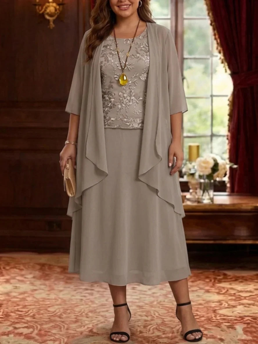 2 Pieces A-Line/Princess Scoop Chiffon Plus Size Mother of the Bride Dresses with Jacket 3/4 Sleeves Tea-Length Lace