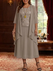 2 Pieces A-Line/Princess Scoop Chiffon Plus Size Mother of the Bride Dresses with Jacket 3/4 Sleeves Tea-Length Lace