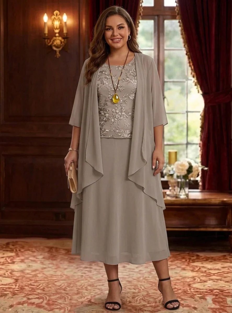 2 Pieces A-Line/Princess Scoop Chiffon Plus Size Mother of the Bride Dresses with Jacket 3/4 Sleeves Tea-Length Lace