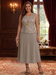 2 Pieces A-Line/Princess Scoop Chiffon Plus Size Mother of the Bride Dresses with Jacket 3/4 Sleeves Tea-Length Lace