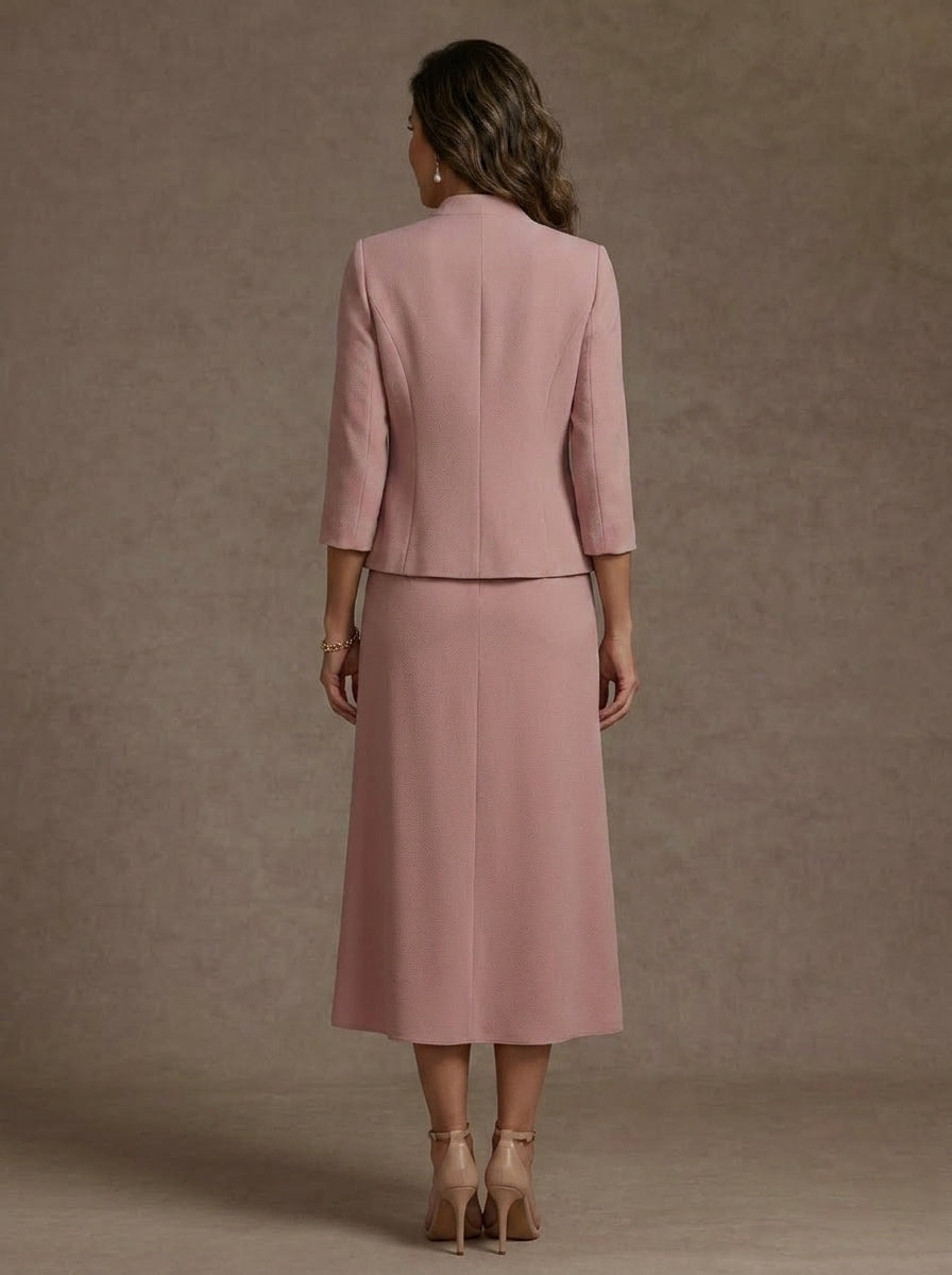2 Pieces Sheath/Column Square Collar Stretch Satin Mother of the Bride Dresses with Jacket 3/4 Sleeves Tea-Length