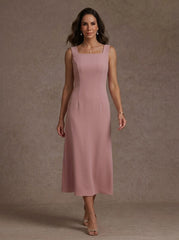 2 Pieces Sheath/Column Square Collar Stretch Satin Mother of the Bride Dresses with Jacket 3/4 Sleeves Tea-Length