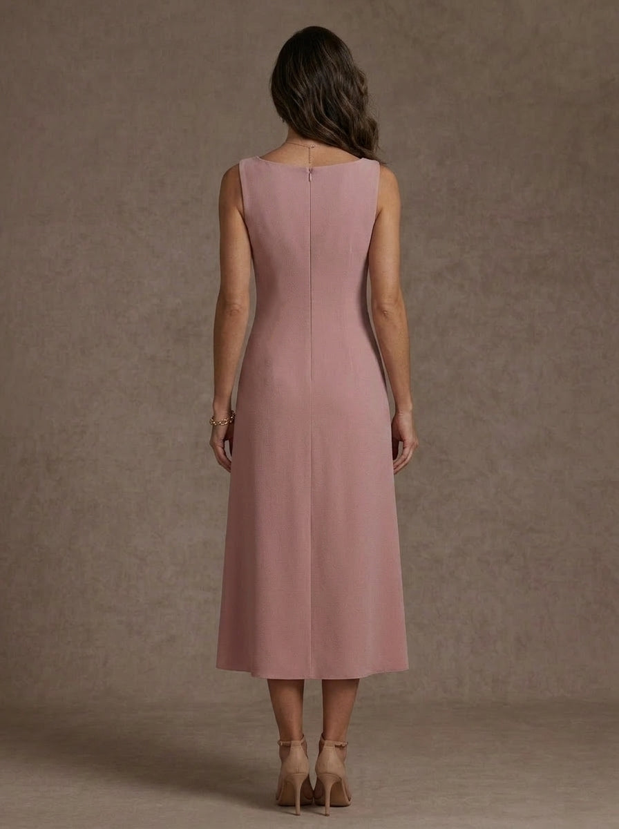 2 Pieces Sheath/Column Square Collar Stretch Satin Mother of the Bride Dresses with Jacket 3/4 Sleeves Tea-Length