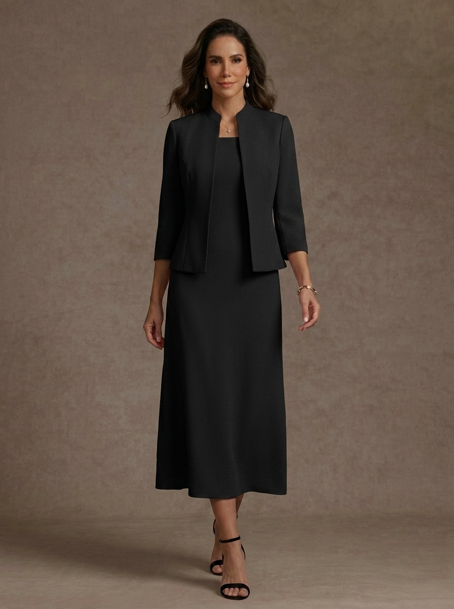 2 Pieces Sheath/Column Square Collar Stretch Satin Mother of the Bride Dresses with Jacket 3/4 Sleeves Tea-Length