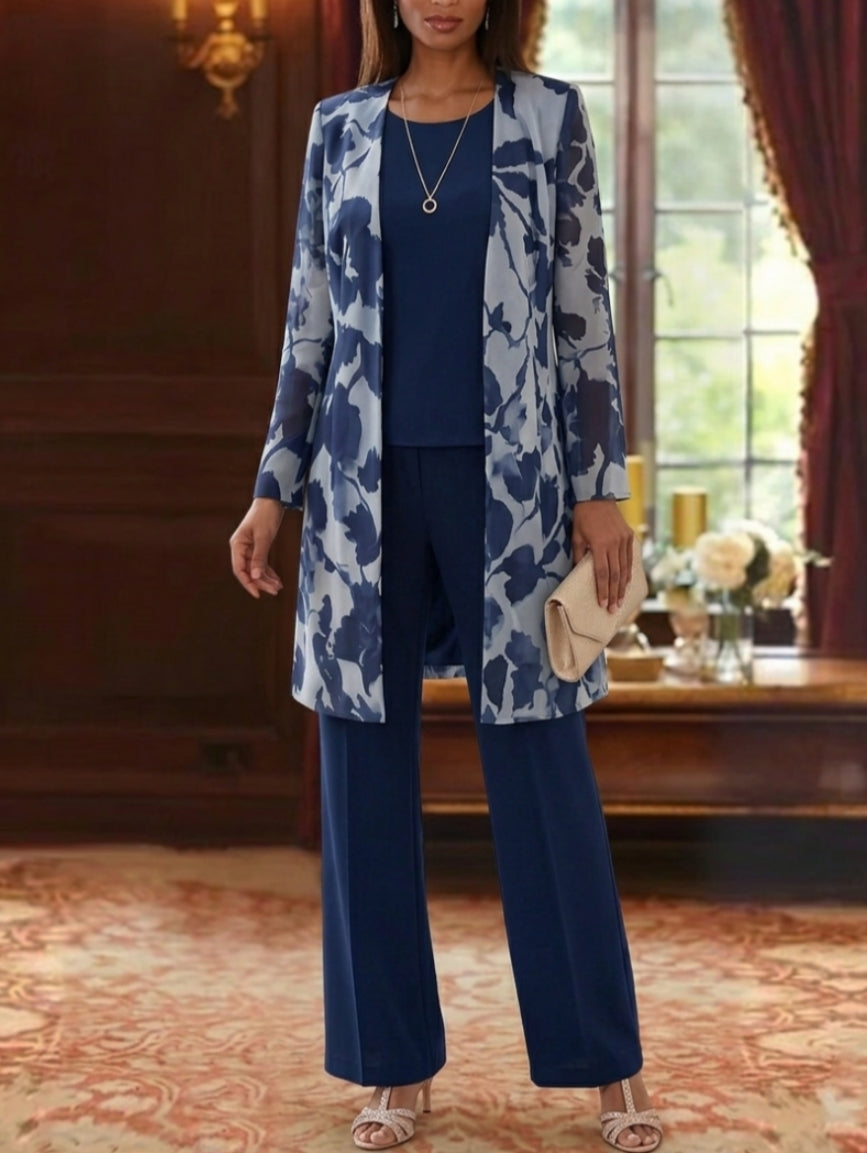 3 Pieces Suit Scoop Chiffon Mother of the Bride Pantsuits with Jacket Floral Long Sleeves Ankle-Length