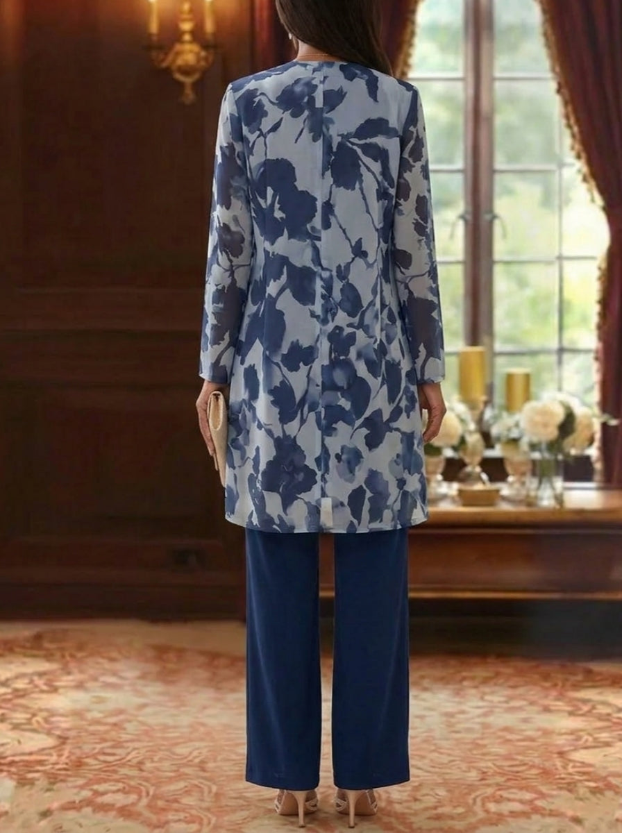 3 Pieces Suit Scoop Chiffon Mother of the Bride Pantsuits with Jacket Floral Long Sleeves Ankle-Length