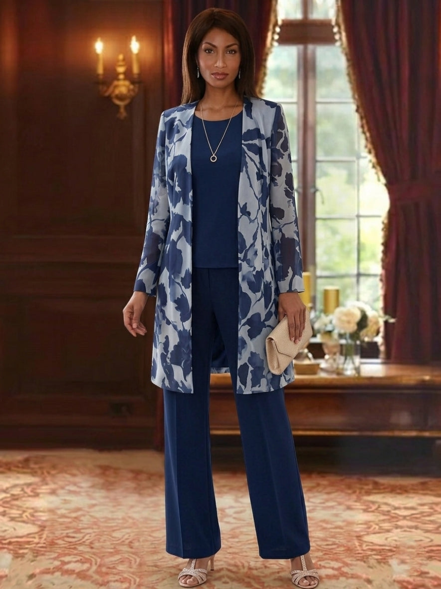 3 Pieces Suit Scoop Chiffon Mother of the Bride Pantsuits with Jacket Floral Long Sleeves Ankle-Length