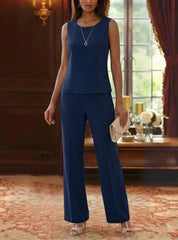 3 Pieces Suit Scoop Chiffon Mother of the Bride Pantsuits with Jacket Floral Long Sleeves Ankle-Length