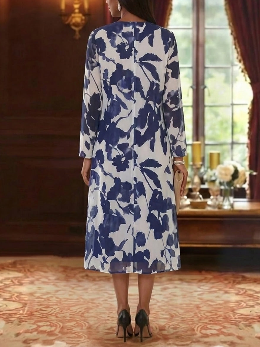 2 Pieces A-Line/Princess Scoop Chiffon Mother of the Bride Dresses with Jacket Floral Long Sleeves Tea-Length