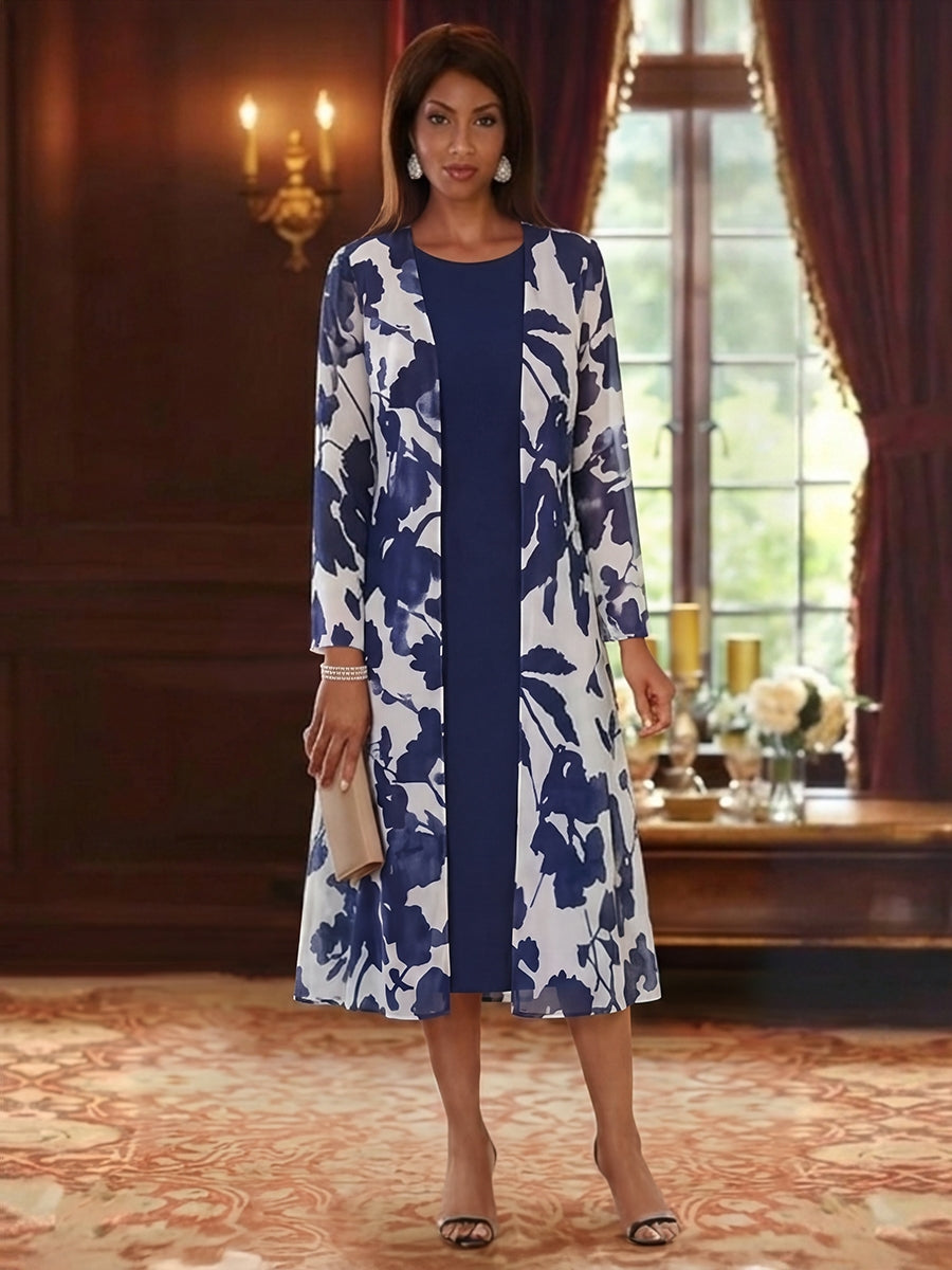 2 Pieces A-Line/Princess Scoop Chiffon Mother of the Bride Dresses with Jacket Floral Long Sleeves Tea-Length