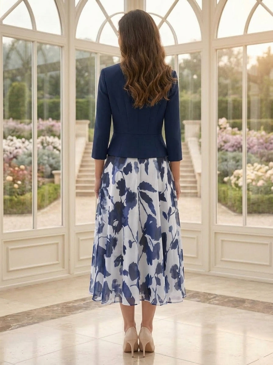 2 Pieces A-Line/Princess Scoop Chiffon Mother of the Bride Dresses with Jacket Stretch Satin Floral 3/4 Sleeves Tea-Length 3D Flower