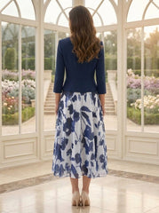 2 Pieces A-Line/Princess Scoop Chiffon Mother of the Bride Dresses with Jacket Stretch Satin Floral 3/4 Sleeves Tea-Length 3D Flower