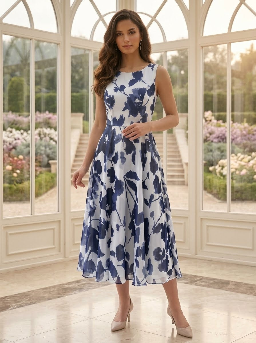 2 Pieces A-Line/Princess Scoop Chiffon Mother of the Bride Dresses with Jacket Stretch Satin Floral 3/4 Sleeves Tea-Length 3D Flower