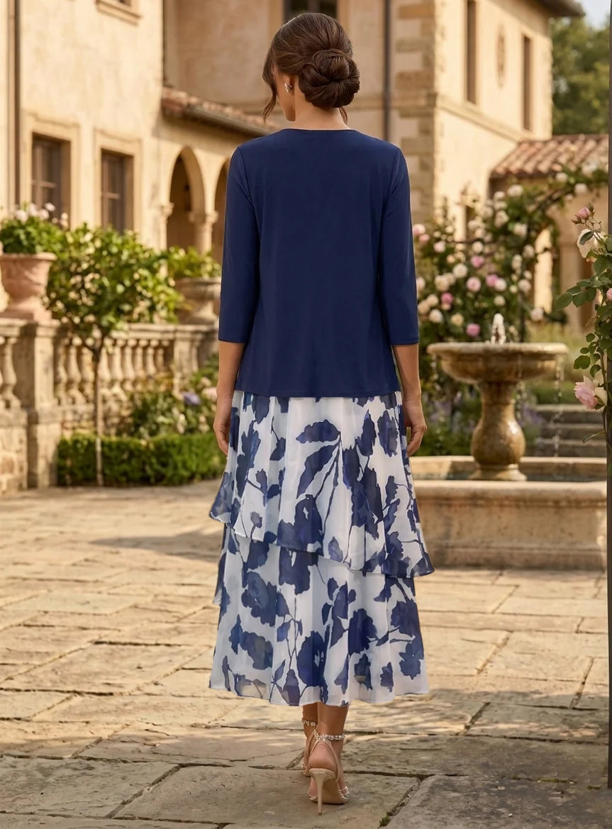 2 Pieces A-Line/Princess Scoop Chiffon Mother of the Bride Dresses with Jacket Floral 3/4 Sleeves Tea-Length Ruched Ruffles