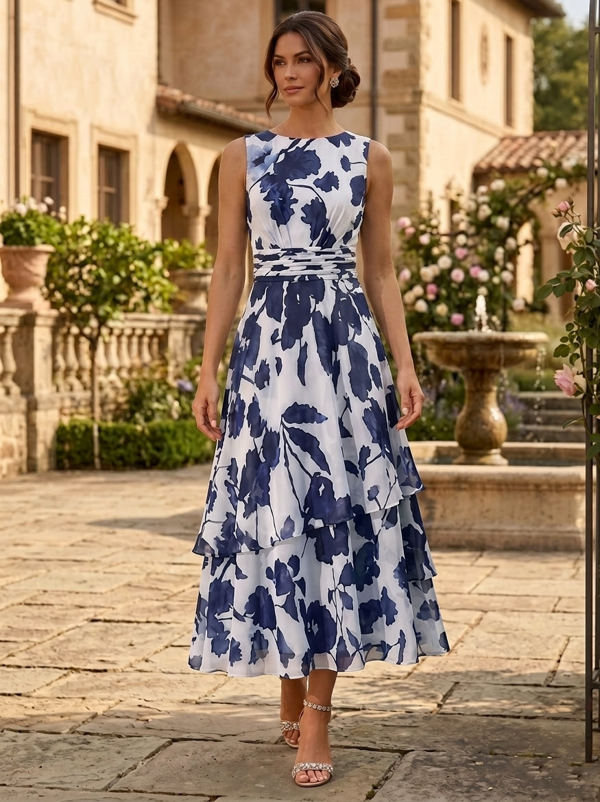 2 Pieces A-Line/Princess Scoop Chiffon Mother of the Bride Dresses with Jacket Floral 3/4 Sleeves Tea-Length Ruched Ruffles