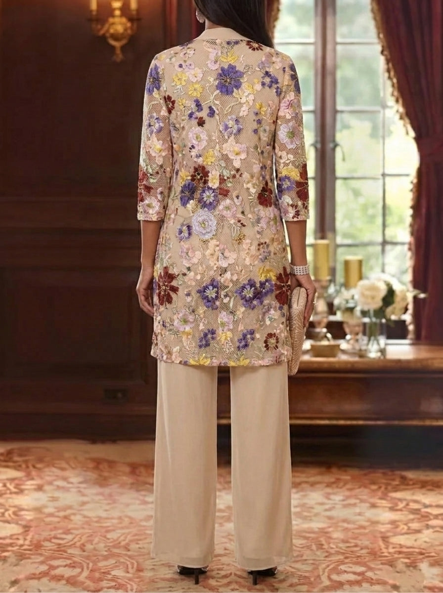 3 Pieces Chiffon Scoop  Mother of the Bride Pantsuits with Jacket Ankle-Length 3/4 Sleeves Lace Floral