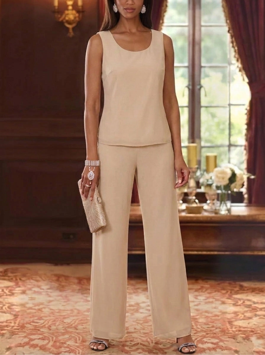 3 Pieces Chiffon Scoop  Mother of the Bride Pantsuits with Jacket Ankle-Length 3/4 Sleeves Lace Floral