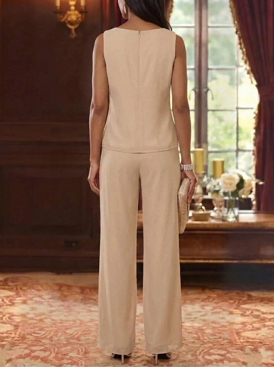 3 Pieces Chiffon Scoop  Mother of the Bride Pantsuits with Jacket Ankle-Length 3/4 Sleeves Lace Floral