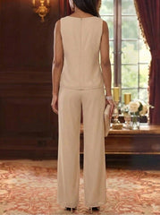 3 Pieces Chiffon Scoop  Mother of the Bride Pantsuits with Jacket Ankle-Length 3/4 Sleeves Lace Floral