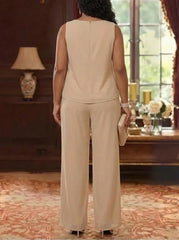 3 Pieces Chiffon Scoop Plus Size Mother of the Bride Pantsuits with Jacket Ankle-Length 3/4 Sleeves Lace Floral
