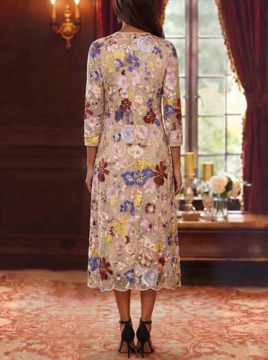 2 Pieces Chiffon Sheath/Column Scoop Mother of the Bride Dresses with Jacket Tea-Length 3/4 Sleeves Lace Floral