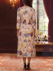 2 Pieces Chiffon Sheath/Column Scoop Mother of the Bride Dresses with Jacket Tea-Length 3/4 Sleeves Lace Floral