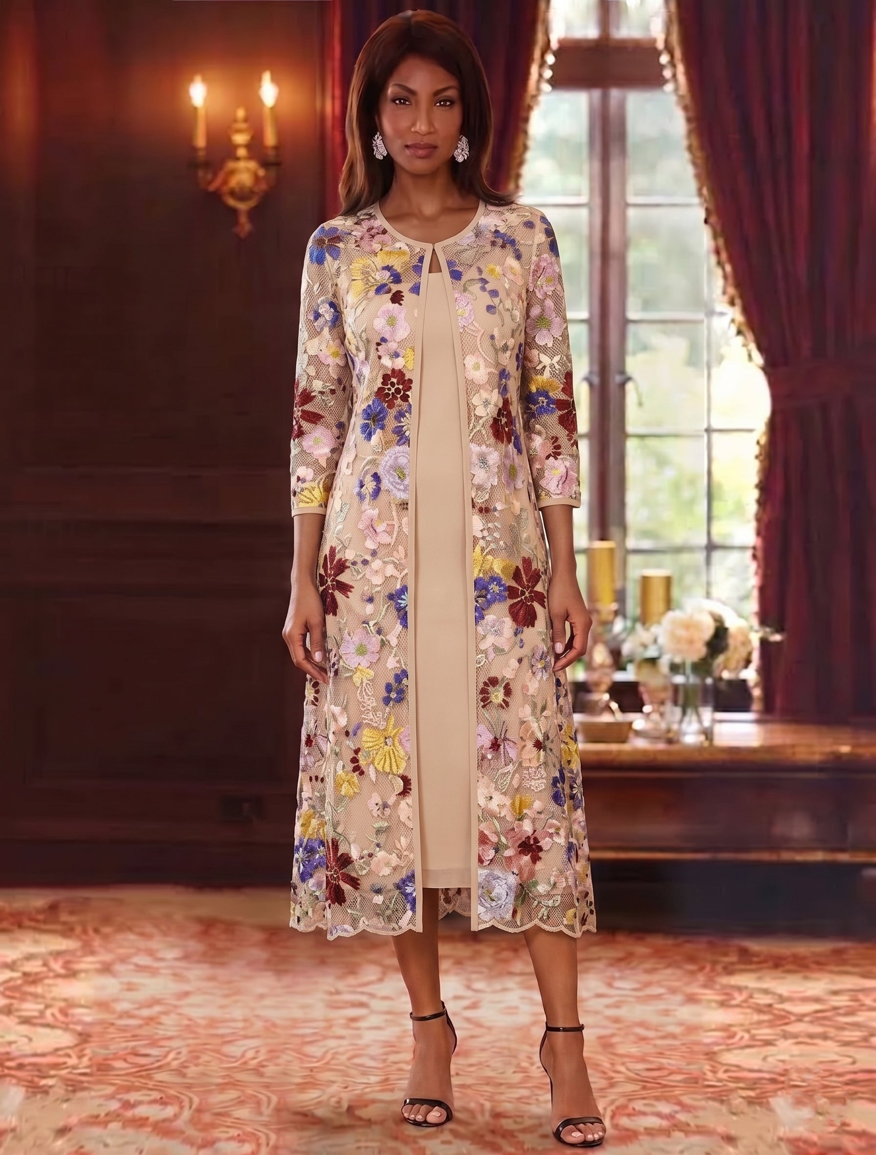 2 Pieces Chiffon Sheath/Column Scoop Mother of the Bride Dresses with Jacket Tea-Length 3/4 Sleeves Lace Floral