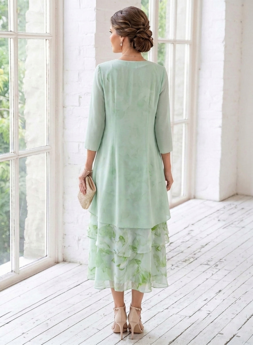 2 Pieces A-Line/Princess Scoop Chiffon Mother of the Bride Dresses with Jacket Floral Tea-Length 3/4 Sleeves Ruffles