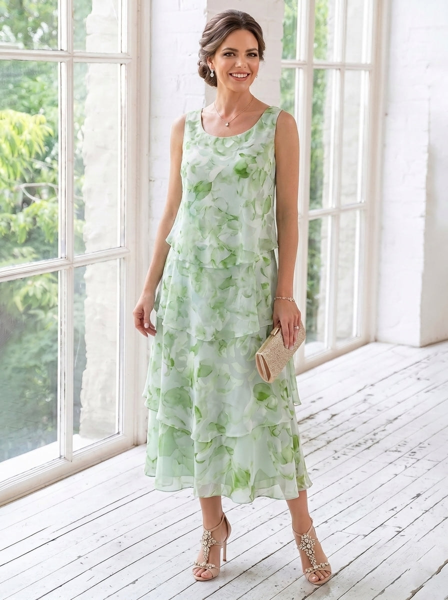 2 Pieces A-Line/Princess Scoop Chiffon Mother of the Bride Dresses with Jacket Floral Tea-Length 3/4 Sleeves Ruffles