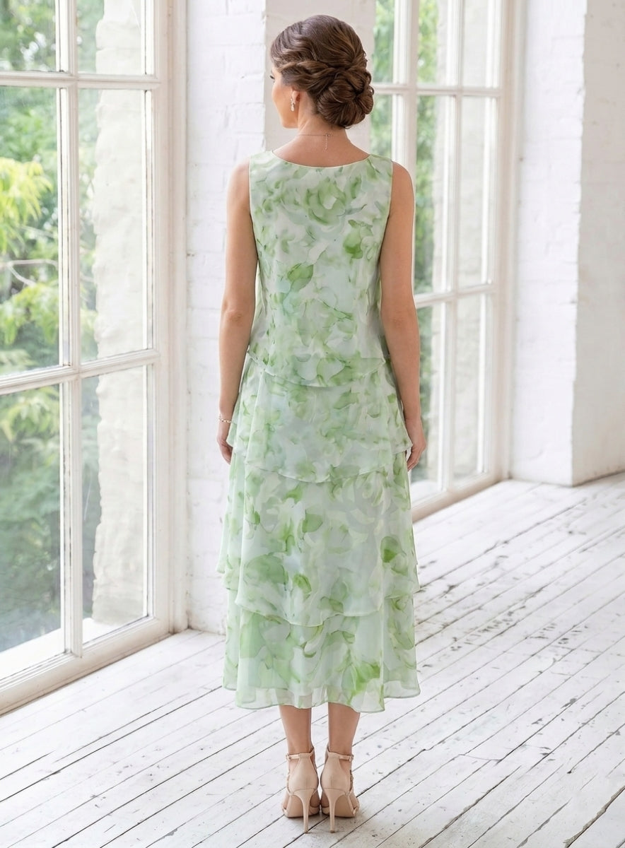 2 Pieces A-Line/Princess Scoop Chiffon Mother of the Bride Dresses with Jacket Floral Tea-Length 3/4 Sleeves Ruffles